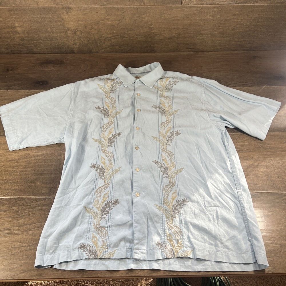 Tommy Bahama Linen Hawaiian Shirt  Mens XL blue Floral Embroidered Short Sleeve